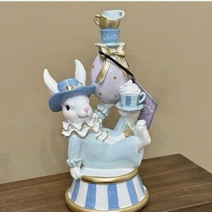 Easter Bunny Tea Time Figurine in Pastel Blue, White & Gold